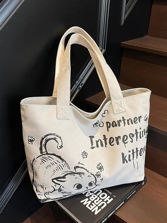 Women Canvas Tote Bag with Cat Print Large Capacity - Image 7
