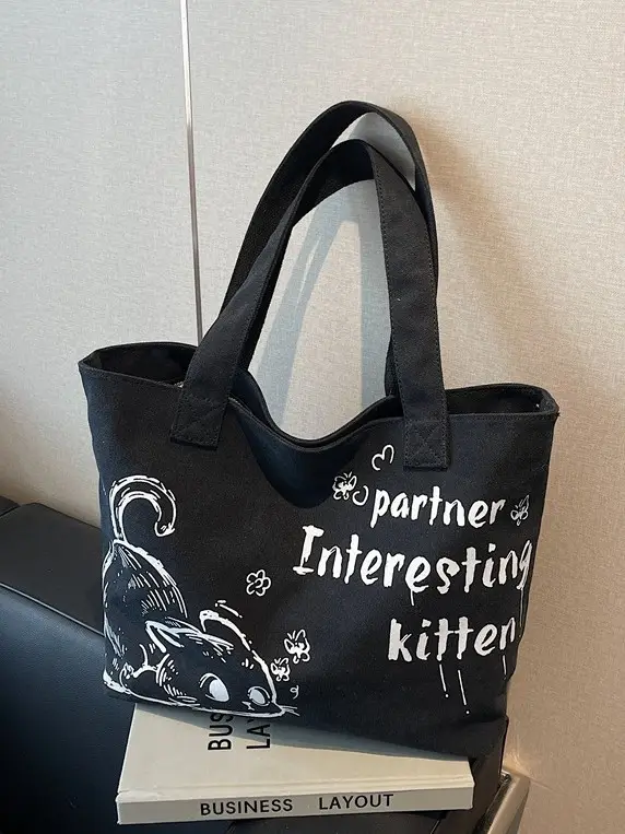 Women Canvas Tote Bag with Cat Print Large Capacity - Image 8