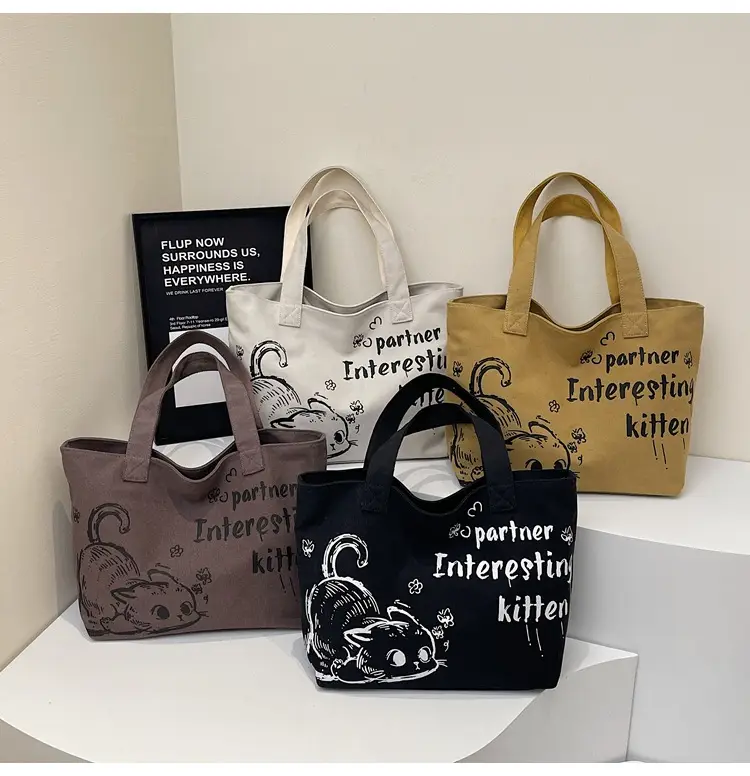 Women Canvas Tote Bag with Cat Print Large Capacity — feature 1