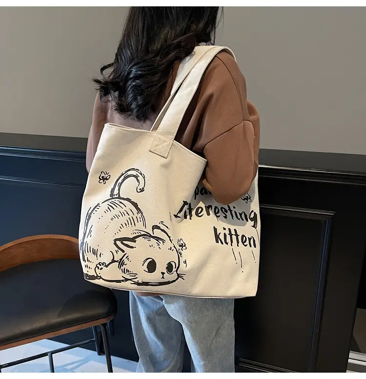 Women Canvas Tote Bag with Cat Print Large Capacity — feature 11
