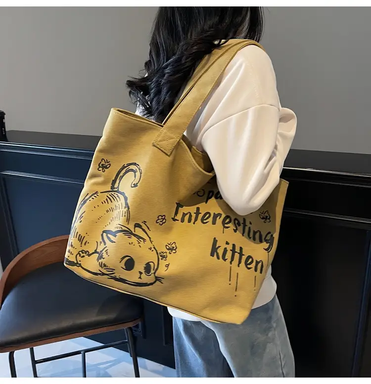 Women Canvas Tote Bag with Cat Print Large Capacity — feature 12