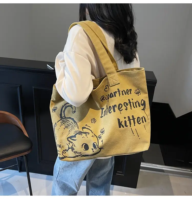 Women Canvas Tote Bag with Cat Print Large Capacity — feature 13