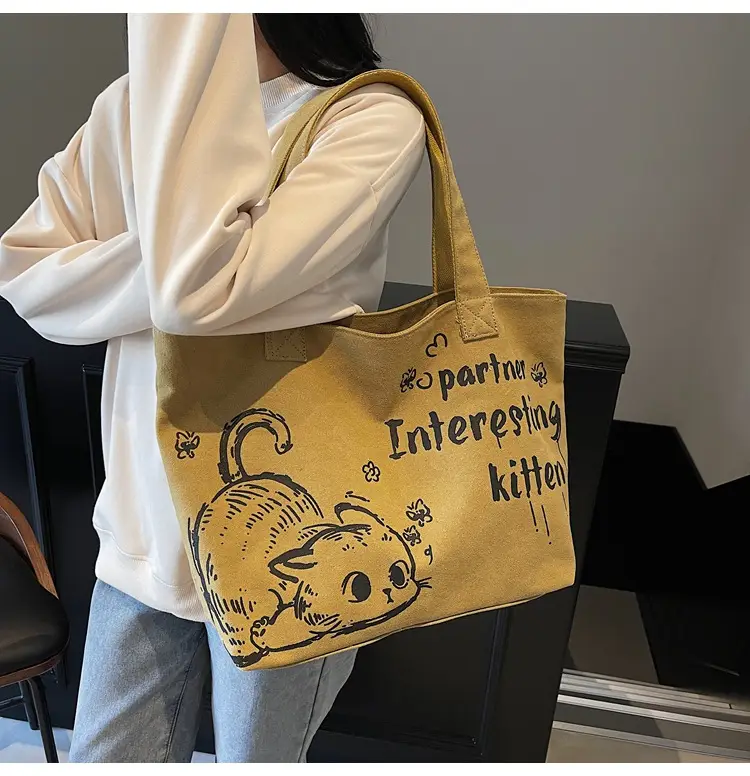 Women Canvas Tote Bag with Cat Print Large Capacity — feature 14