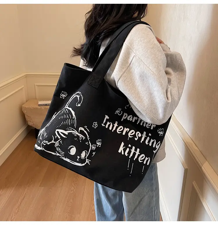 Women Canvas Tote Bag with Cat Print Large Capacity — feature 15