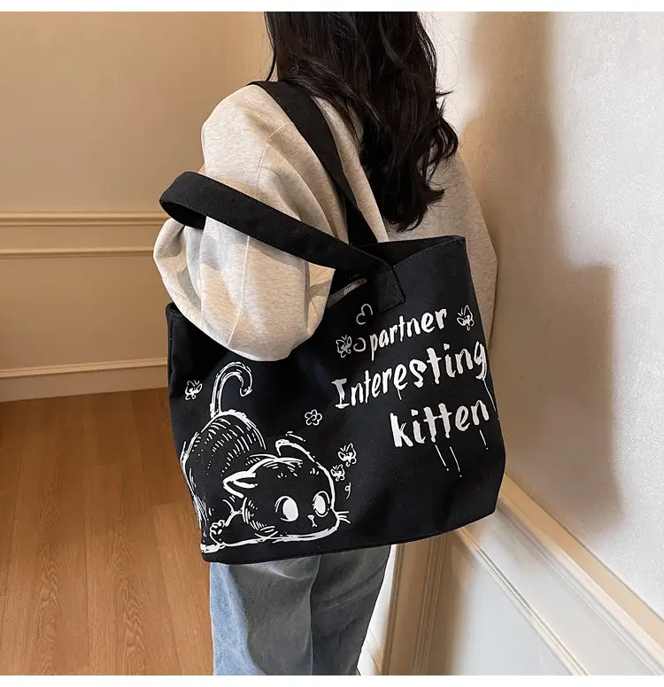 Women Canvas Tote Bag with Cat Print Large Capacity — feature 16