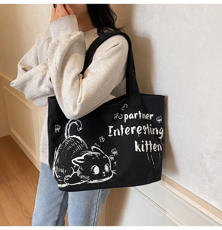 Women Canvas Tote Bag with Cat Print Large Capacity — feature 17