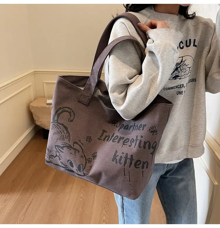 Women Canvas Tote Bag with Cat Print Large Capacity — feature 18