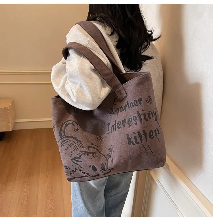 Women Canvas Tote Bag with Cat Print Large Capacity — feature 19