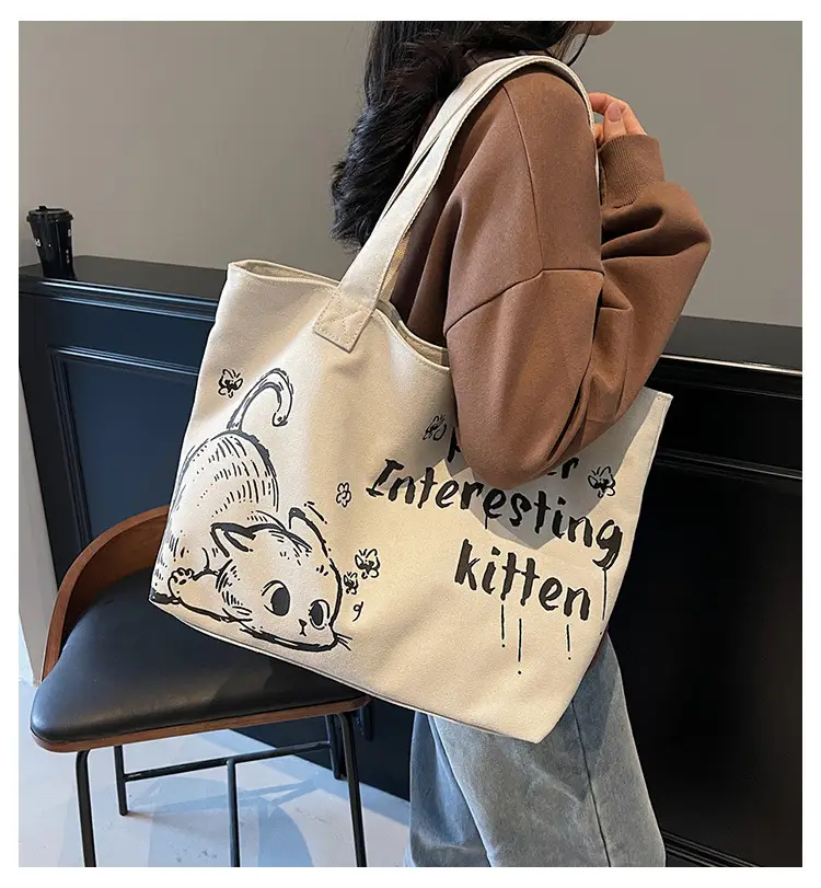 Women Canvas Tote Bag with Cat Print Large Capacity — feature 2