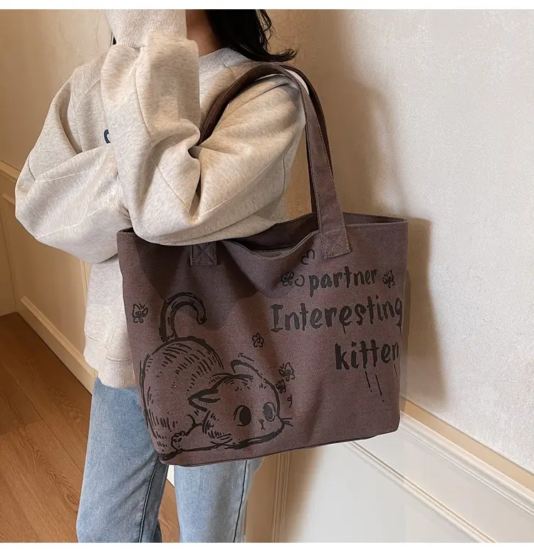 Women Canvas Tote Bag with Cat Print Large Capacity — feature 20