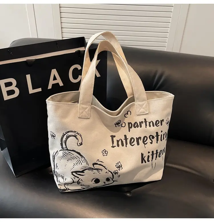 Women Canvas Tote Bag with Cat Print Large Capacity — feature 27