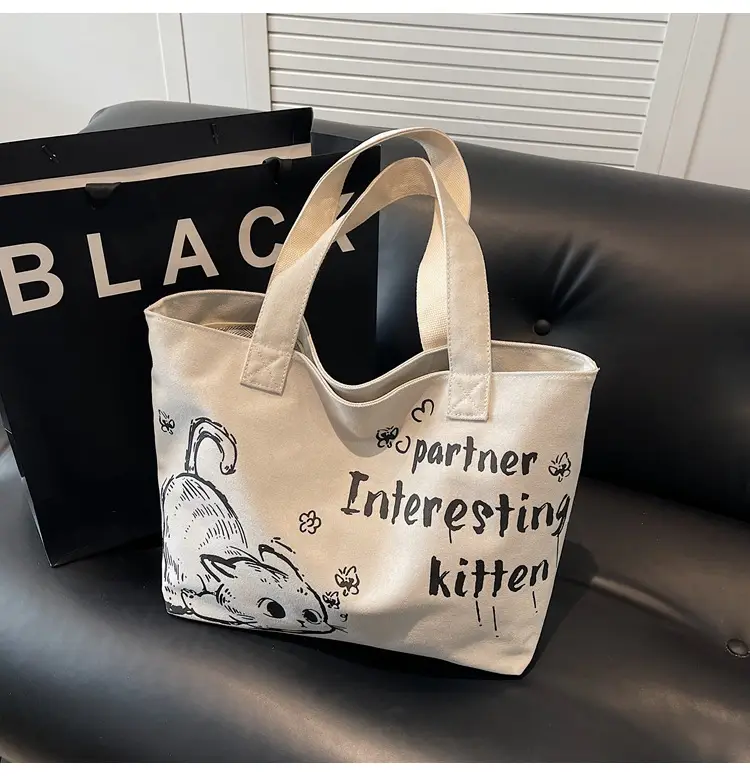 Women Canvas Tote Bag with Cat Print Large Capacity — feature 28