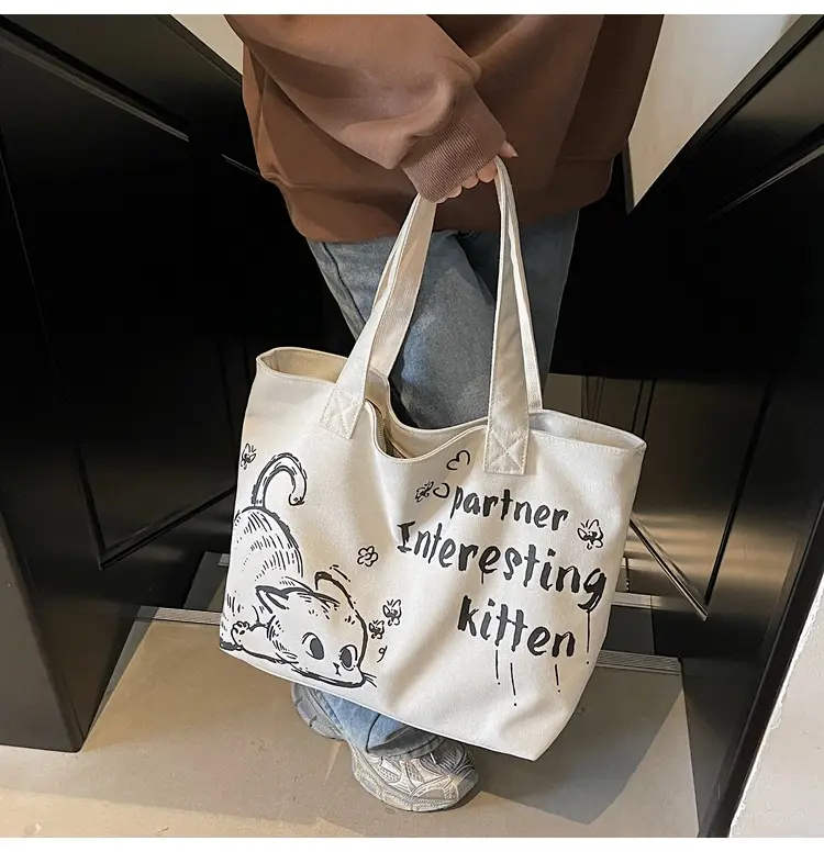 Women Canvas Tote Bag with Cat Print Large Capacity — feature 9