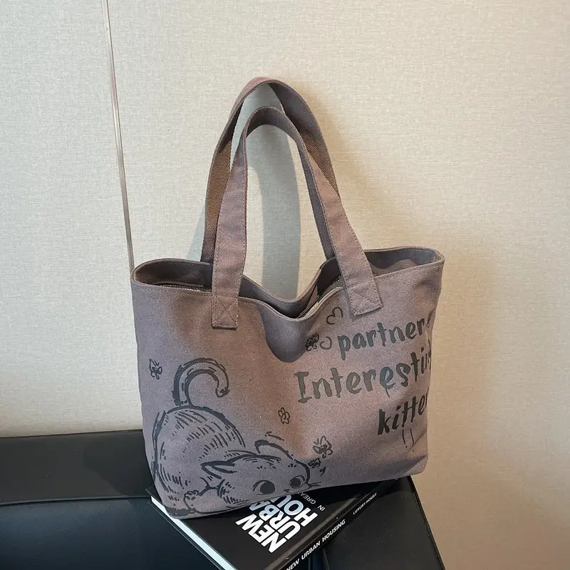 Women Canvas Tote Bag with Cat Print Large Capacity - Image 2