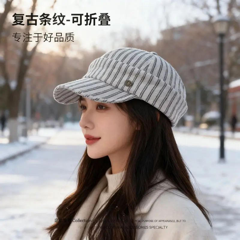 Korean Style Retro Striped Face Hat for Women Spring Autumn - Image 4