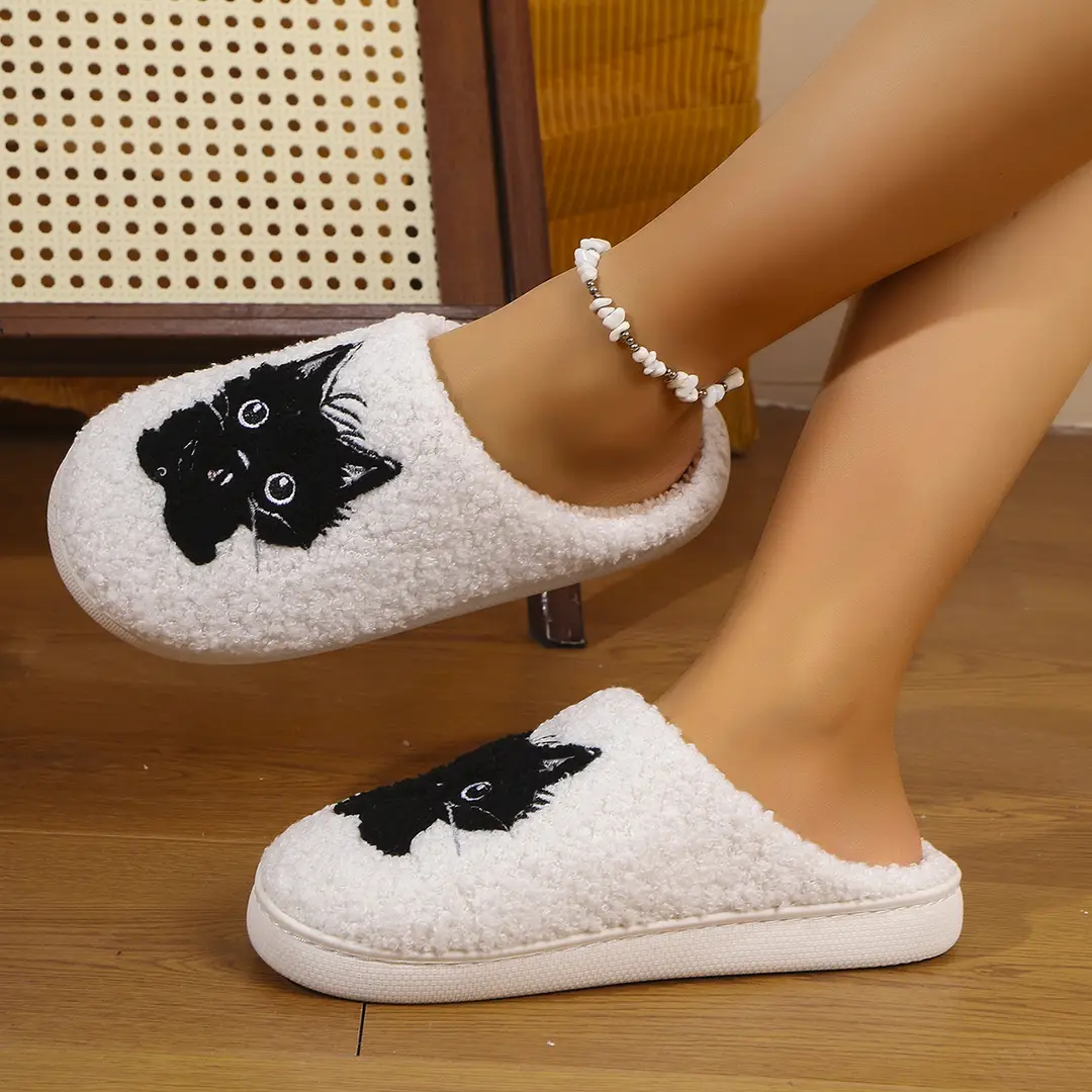 Cross-Border Popular Dropshipping Black Cat Winter Home Men's Cotton Slippers Thickened Plush Women's Indoor Non-Slip Non-Stinky Feet