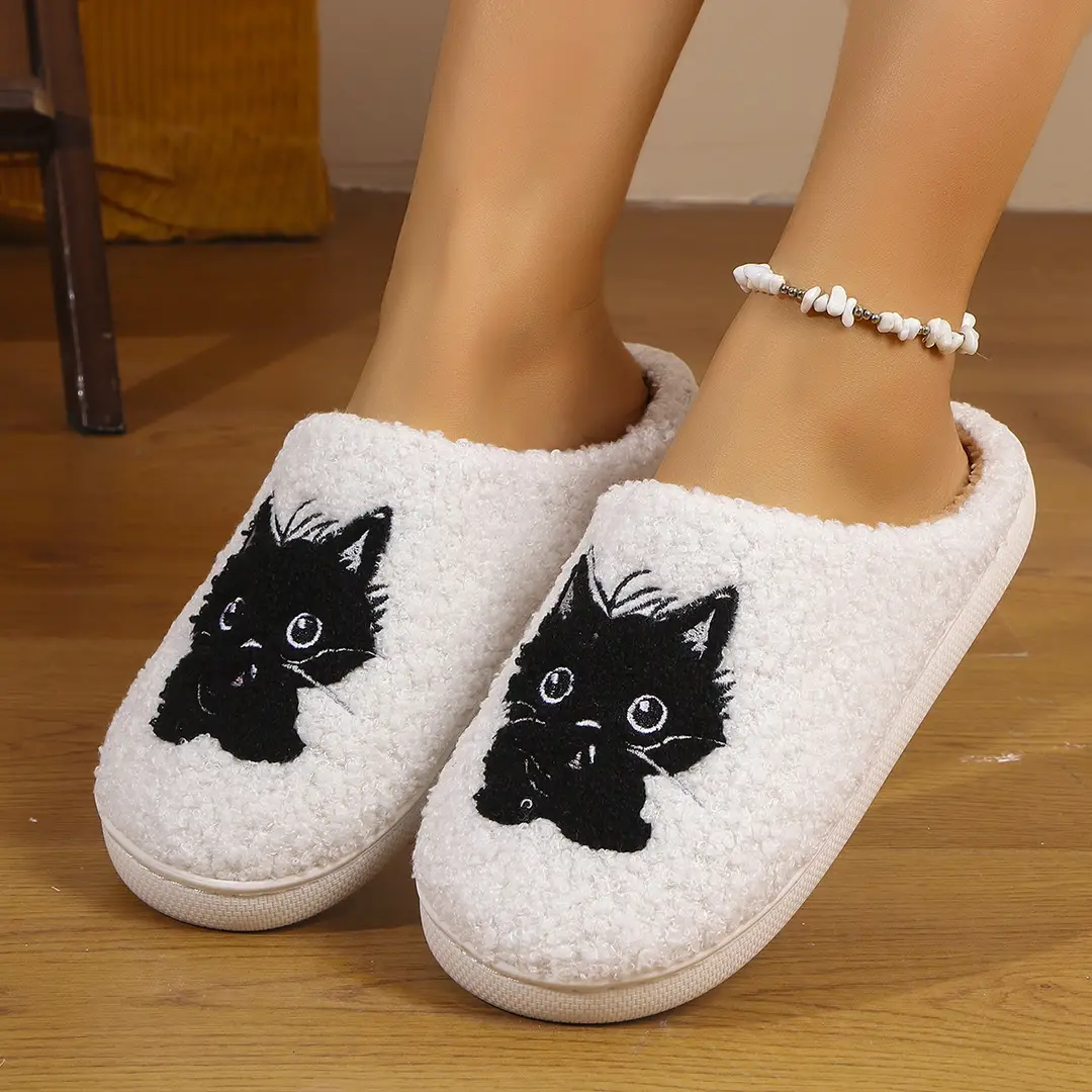 Cross-Border Popular Dropshipping Black Cat Winter Home Men's Cotton Slippers Thickened Plush Women's Indoor Non-Slip Non-Stinky Feet