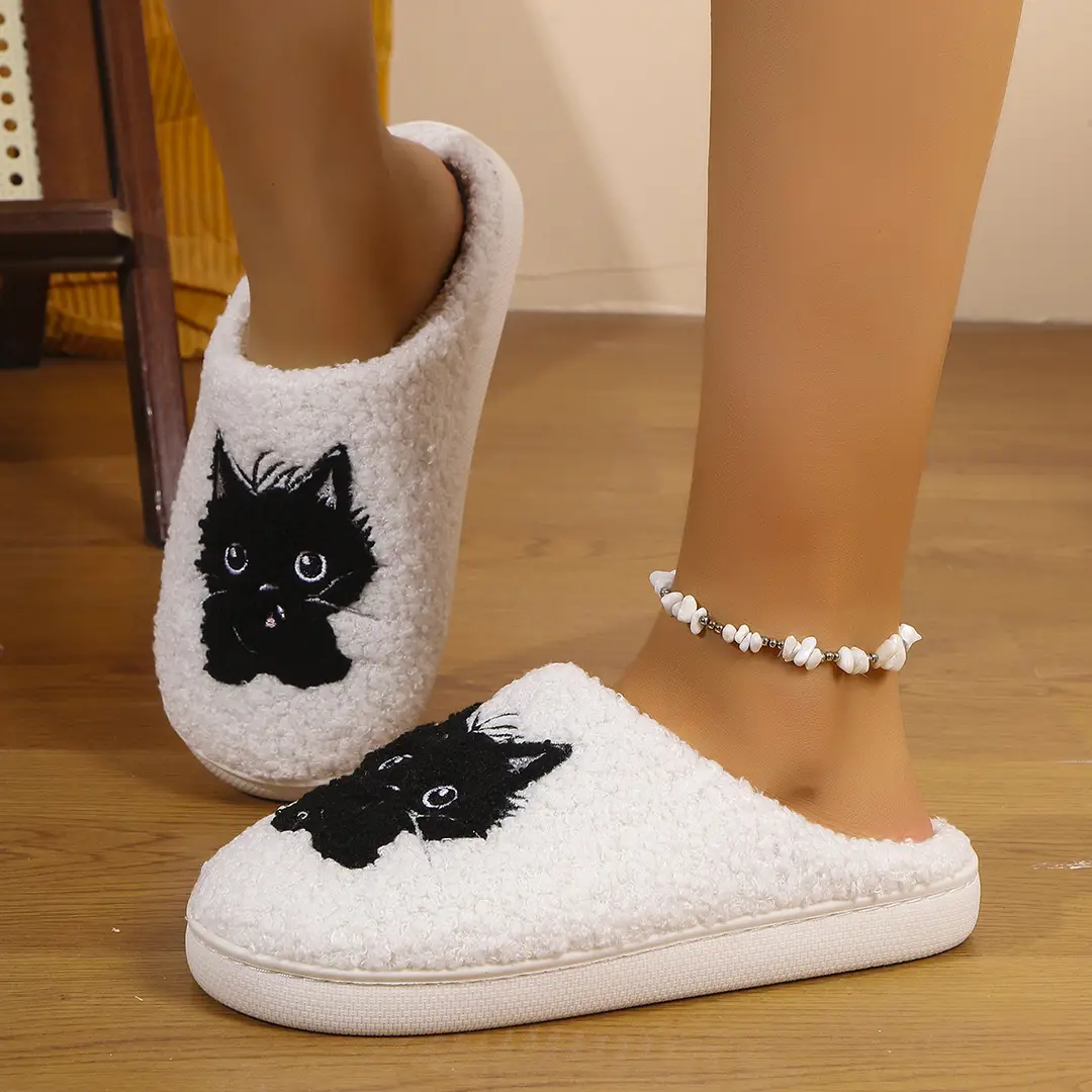 Cross-Border Popular Dropshipping Black Cat Winter Home Men's Cotton Slippers Thickened Plush Women's Indoor Non-Slip Non-Stinky Feet