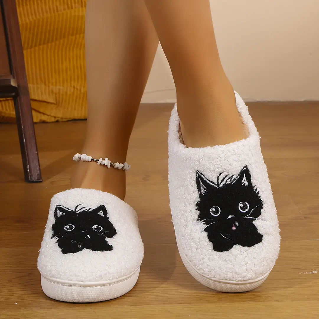 Cross-Border Popular Dropshipping Black Cat Winter Home Men's Cotton Slippers Thickened Plush Women's Indoor Non-Slip Non-Stinky Feet