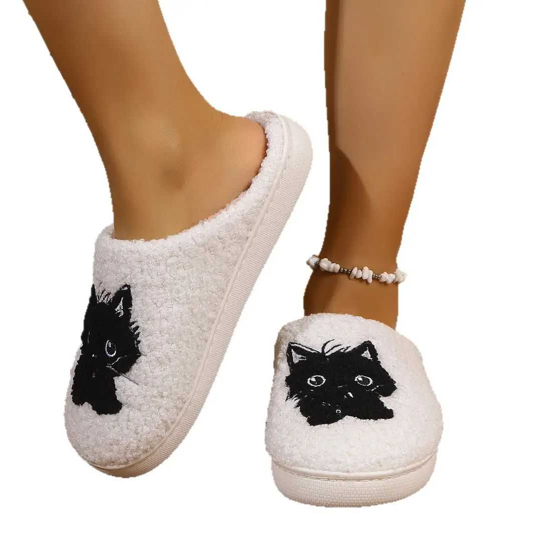 Cross-Border Popular Dropshipping Black Cat Winter Home Men's Cotton Slippers Thickened Plush Women's Indoor Non-Slip Non-Stinky Feet