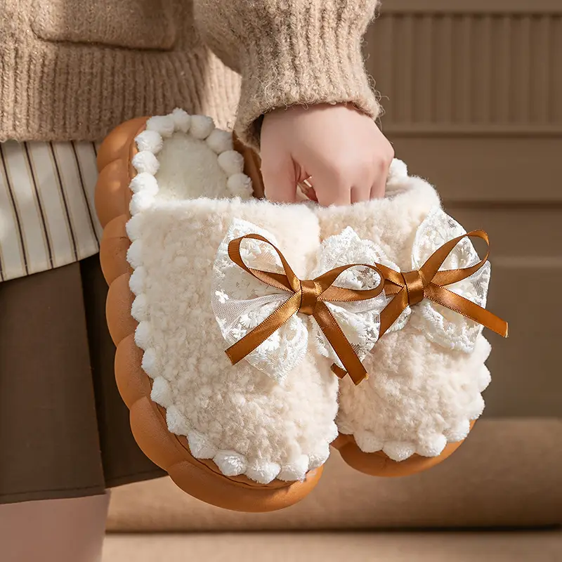 New Autumn and Winter Lace Bow Cotton Slippers for Girls Indoor Home Non-Slip Warm Fleece-Lined Thick-Soled Cotton Slippers - Image 10