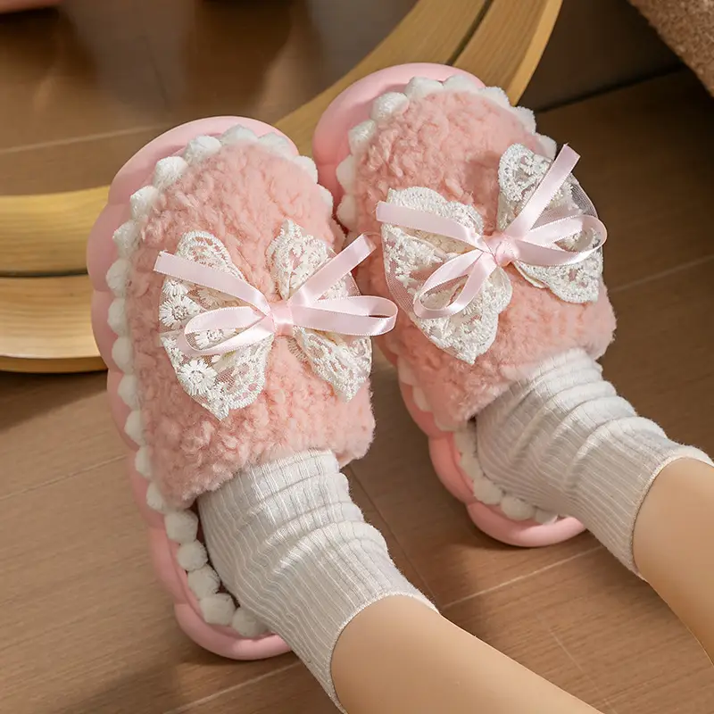 New Autumn and Winter Lace Bow Cotton Slippers for Girls Indoor Home Non-Slip Warm Fleece-Lined Thick-Soled Cotton Slippers - Image 11