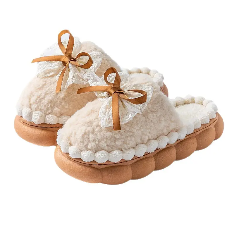 New Autumn and Winter Lace Bow Cotton Slippers for Girls Indoor Home Non-Slip Warm Fleece-Lined Thick-Soled Cotton Slippers - Image 13