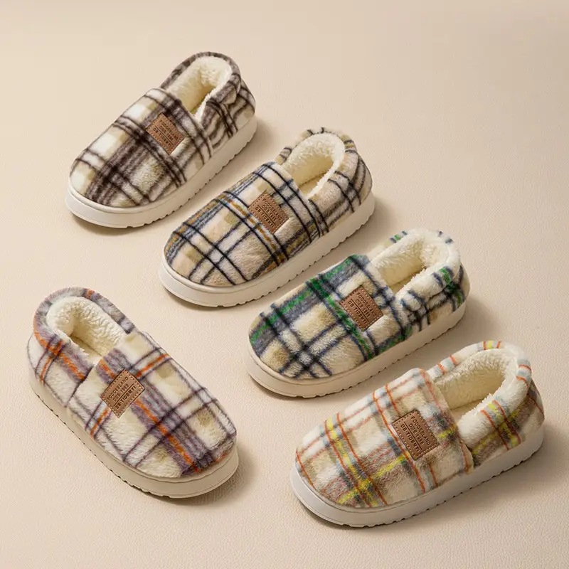 Women Cotton Plaid Slippers Warm Thick Winter - Image 7