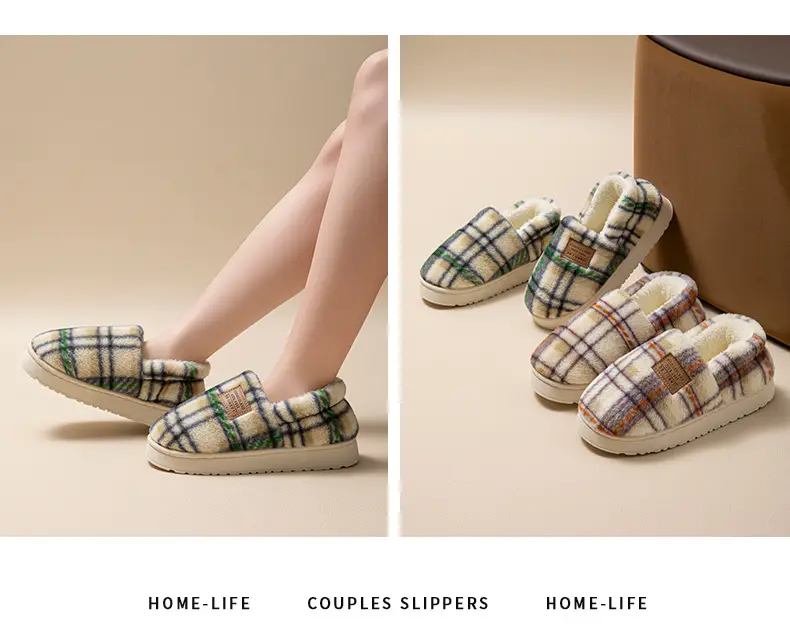 Women Cotton Plaid Slippers Warm Thick Winter — feature 14