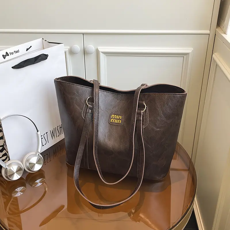 2025 Summer Women's Leather Tote Bag Black Brown