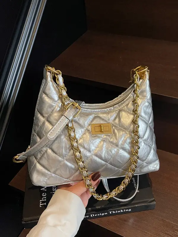 Silver Quilted Chain Tote Bag for Women 2026 - Image 3