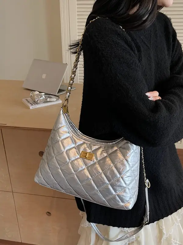 Silver Quilted Chain Tote Bag for Women 2026 - Image 5