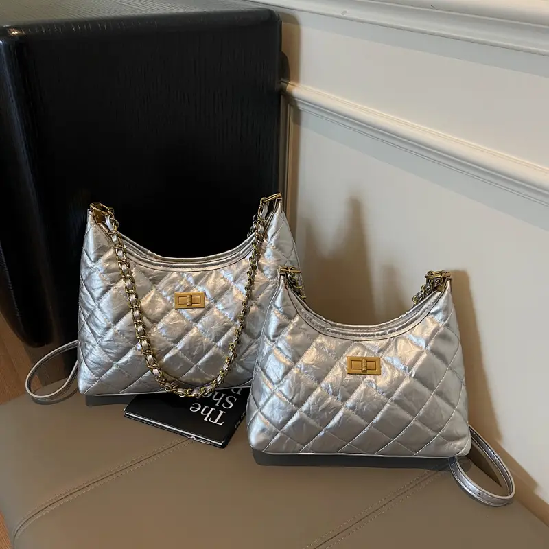 Silver Quilted Chain Tote Bag for Women 2026 - Image 2