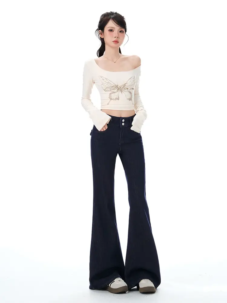 Dark Blue Micro-Flared Jeans for Women 2025