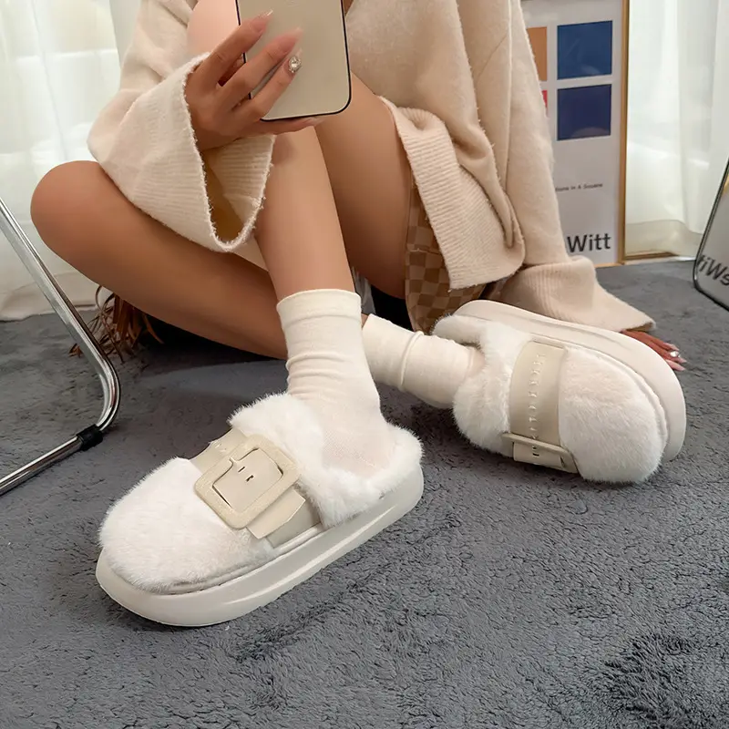 Women Cross-Border Furry Slippers Winter Warm Belt Buckle - Image 5