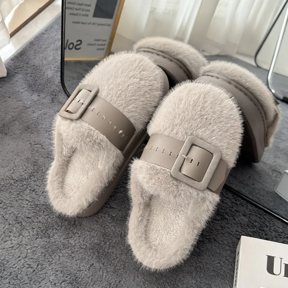 Women Cross-Border Furry Slippers Winter Warm Belt Buckle - Image 2