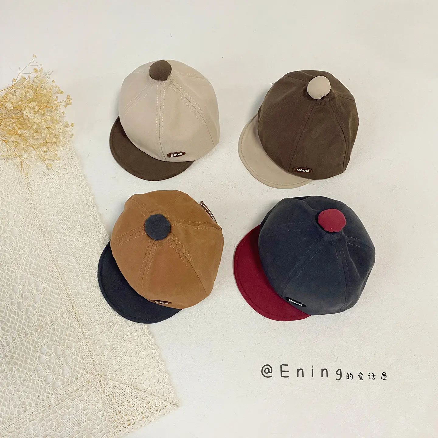 Cotton Linen Baby Cap Red Trim Peaked Spring Autumn - Image 7