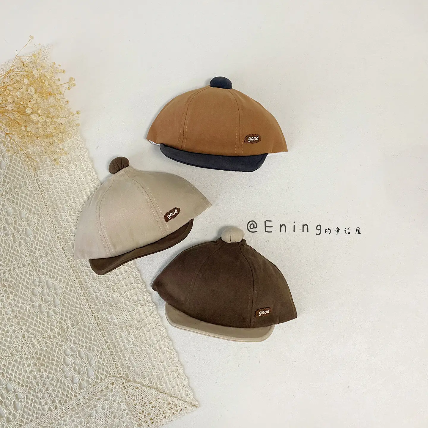 Cotton Linen Baby Cap Red Trim Peaked Spring Autumn - Image 9