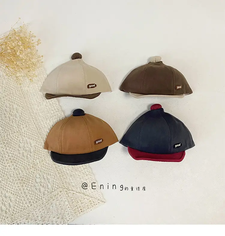 Cotton Linen Baby Cap Red Trim Peaked Spring Autumn — feature 12