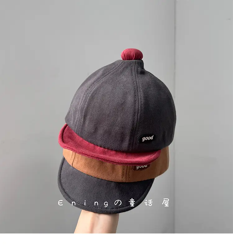Cotton Linen Baby Cap Red Trim Peaked Spring Autumn — feature 5