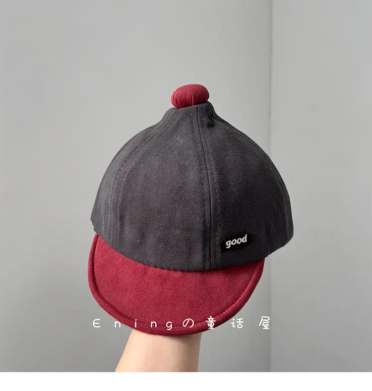 Cotton Linen Baby Cap Red Trim Peaked Spring Autumn — feature 7