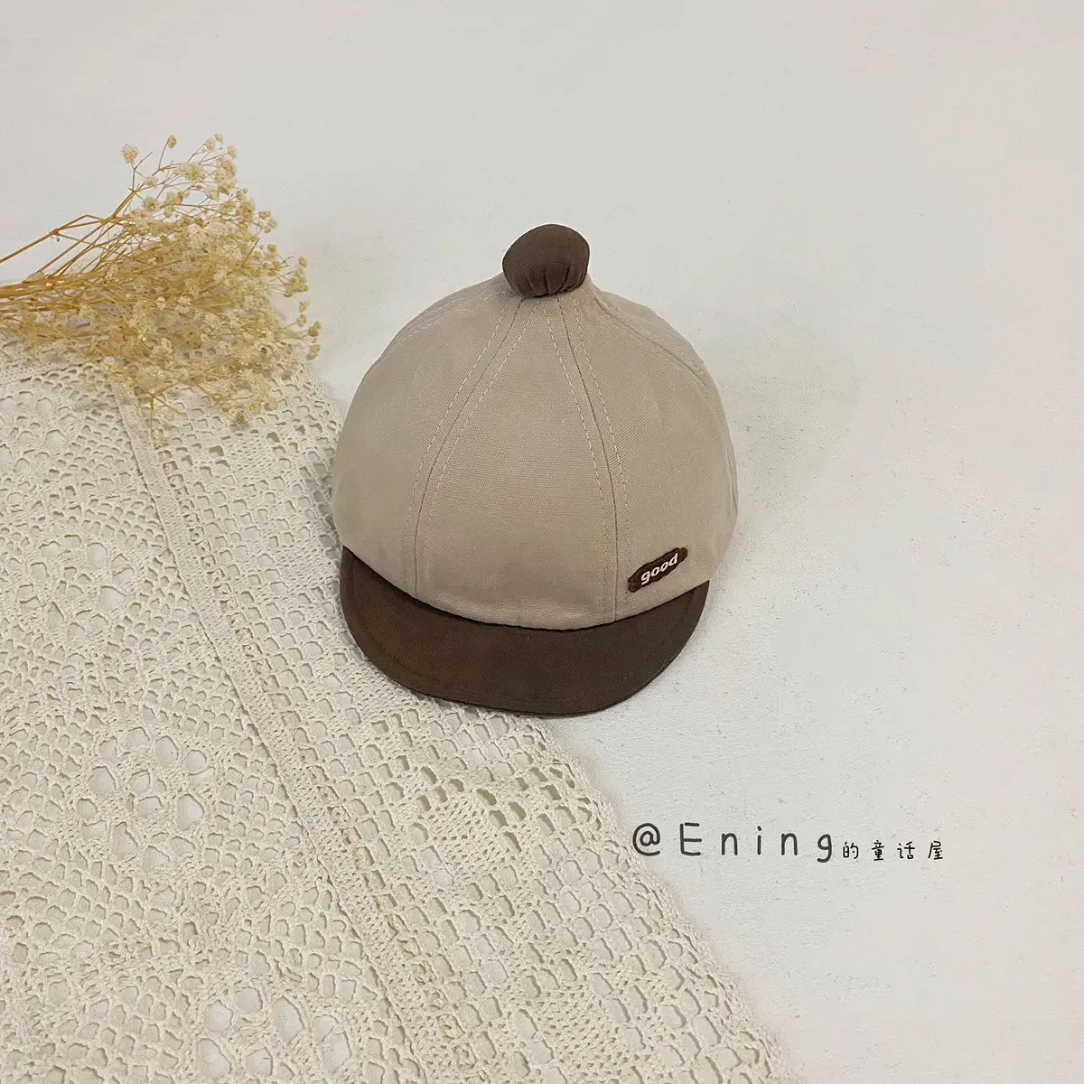 Cotton Linen Baby Cap Red Trim Peaked Spring Autumn - Image 2