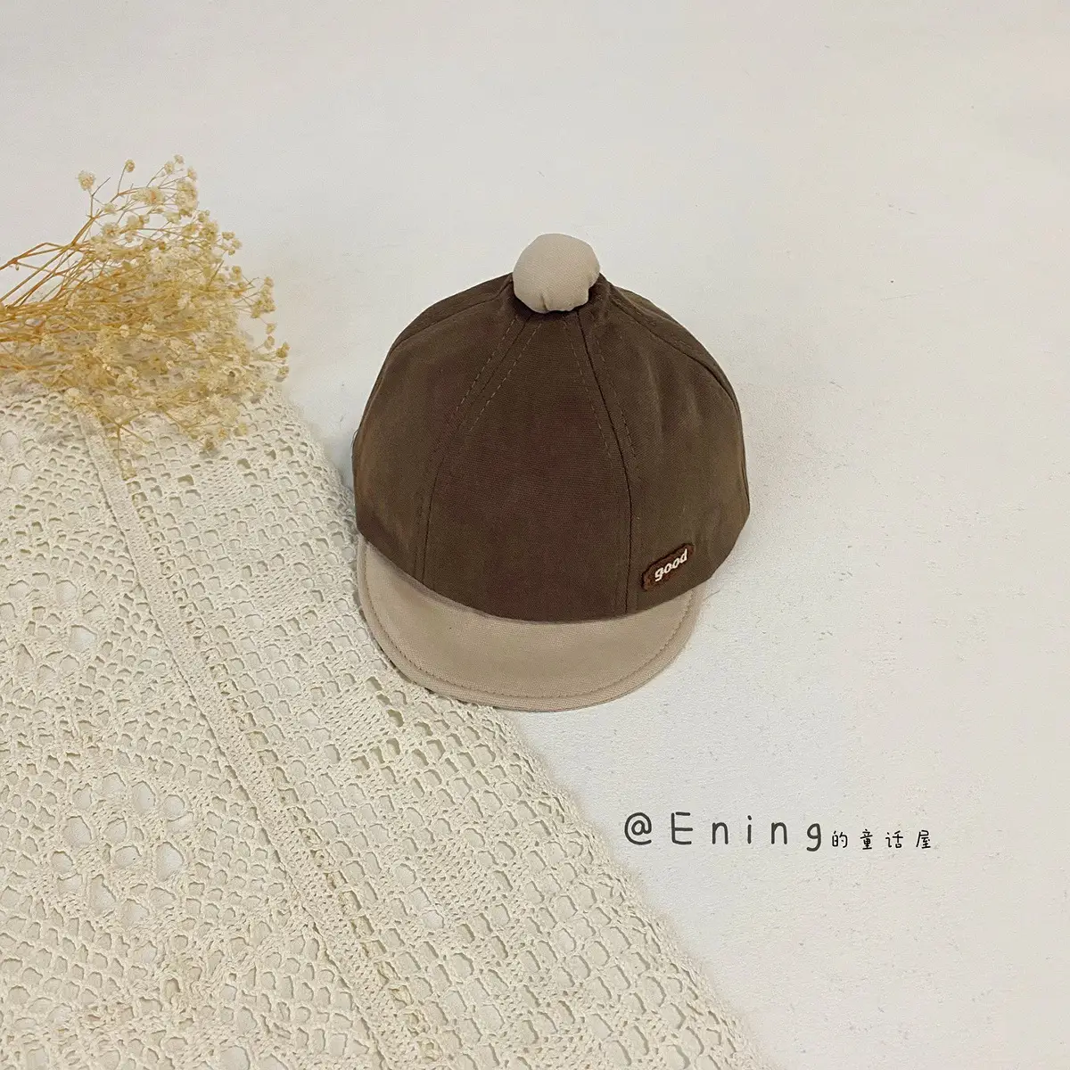 Cotton Linen Baby Cap Red Trim Peaked Spring Autumn - Image 3