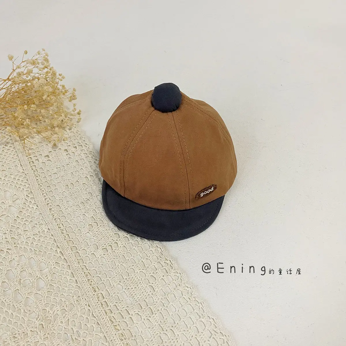 Cotton Linen Baby Cap Red Trim Peaked Spring Autumn - Image 4
