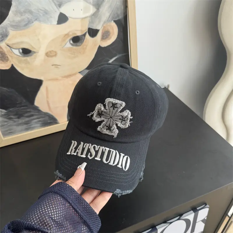 Women's Black Rats Studio Baseball Cap with Embroidered Clover - Image 3