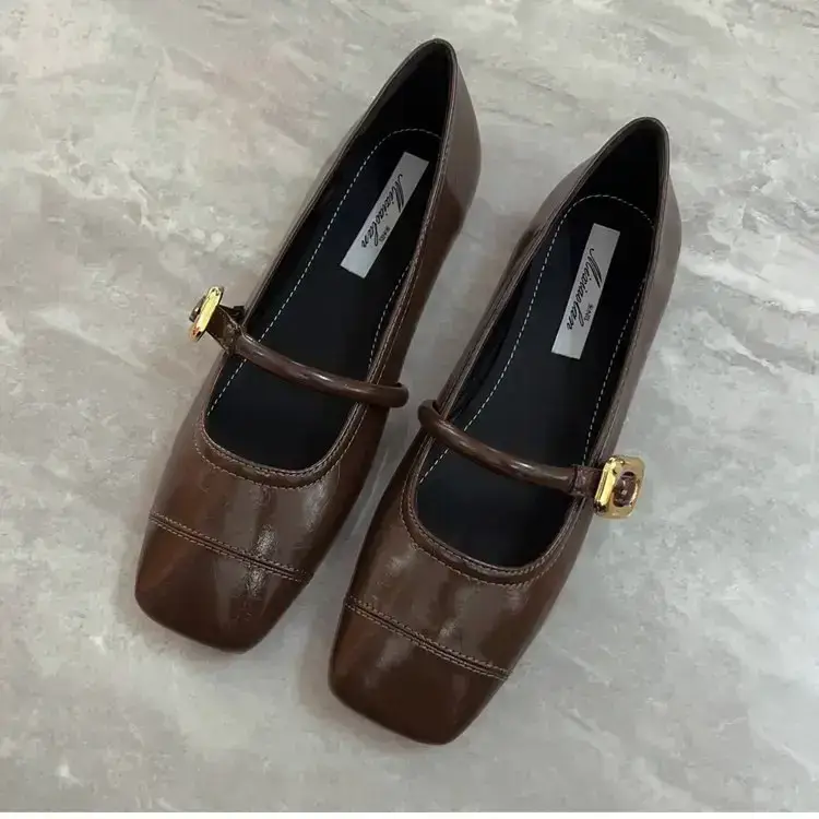 Women's Brown Square Toe Soft Flats French Style Shoes - Image 2