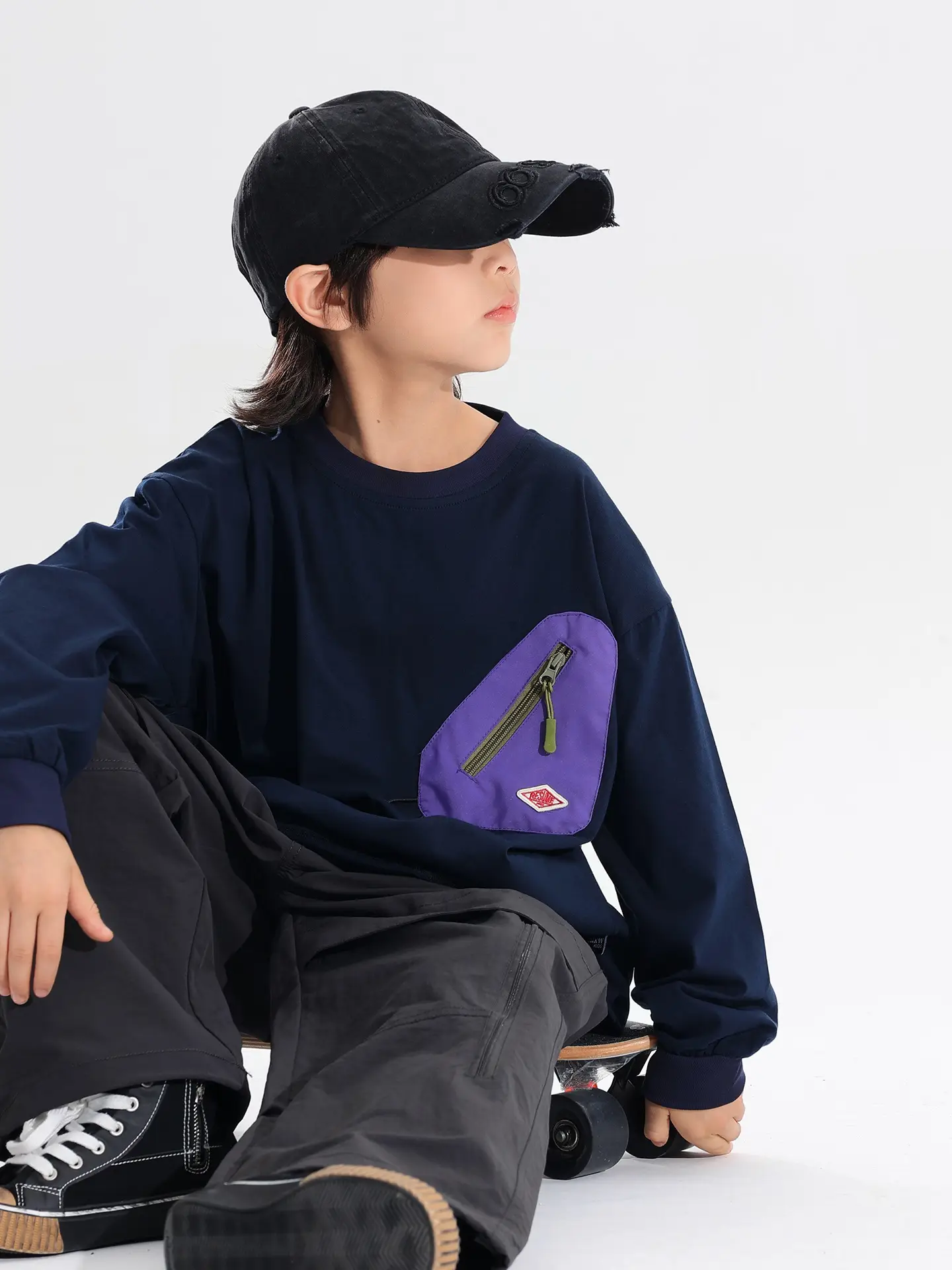 Japanese Style Boys T-Shirt Navy Blue Purple Pocket 2025 - Image 5