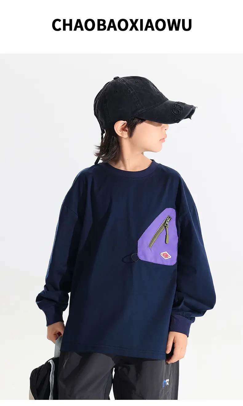 Japanese Style Boys T-Shirt Navy Blue Purple Pocket 2025 — feature 1