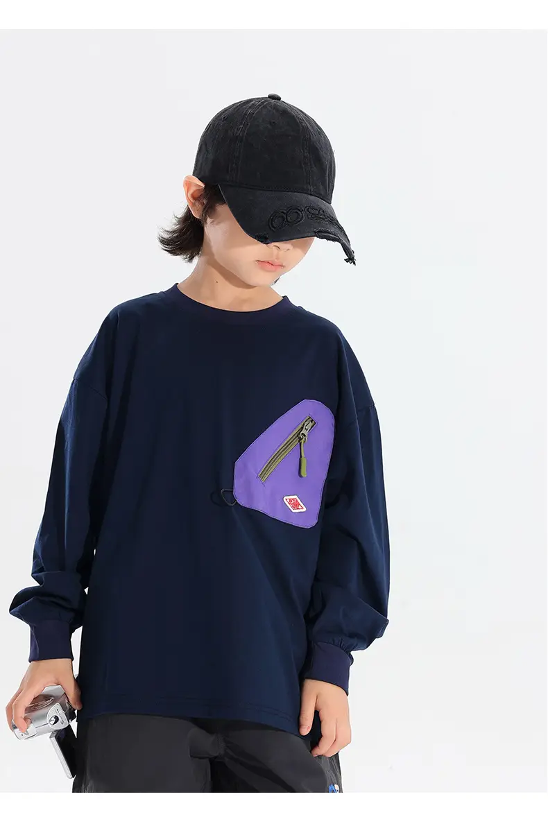 Japanese Style Boys T-Shirt Navy Blue Purple Pocket 2025 — feature 21