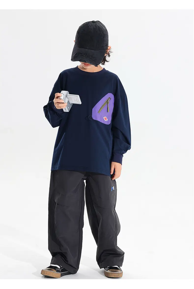 Japanese Style Boys T-Shirt Navy Blue Purple Pocket 2025 — feature 22